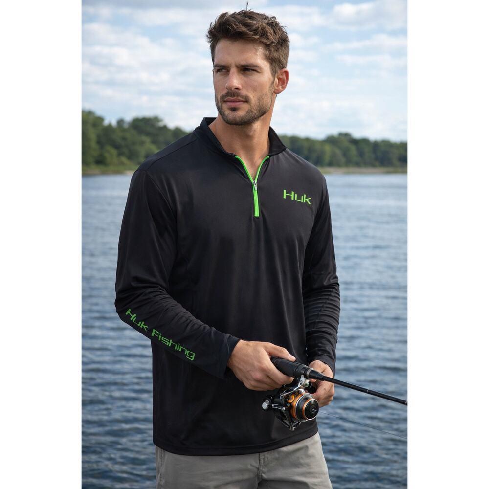 Huk Performance Long Sleeve 1/4 Zip Fishing T-Shirt Black/Neon Men's Size XL